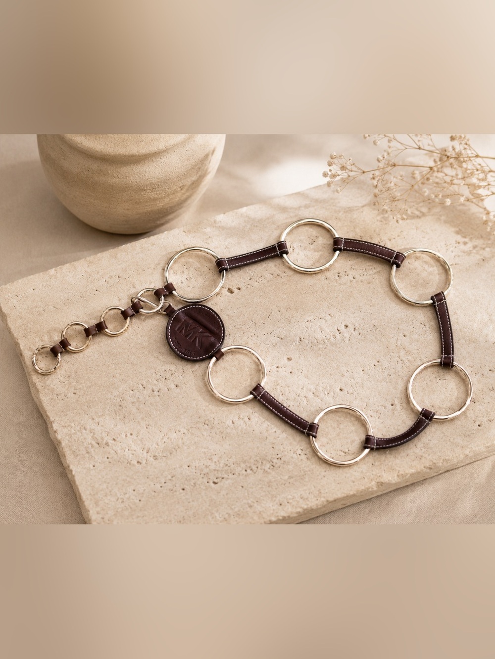 Michael Kors Dark Brown Leather Ring-Link Belt with Gold Rings